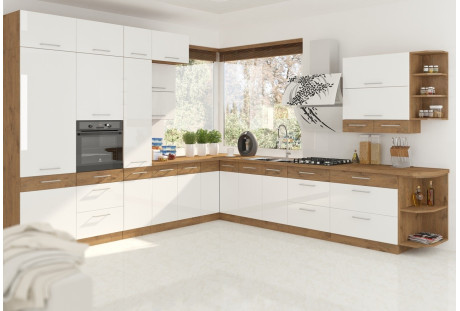 Meble kuchenne Vigo (a) biały połysk / dab lancelot układ narożny