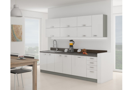 Meble kuchenne Bianca biały połysk / szary matowy 2,6 m