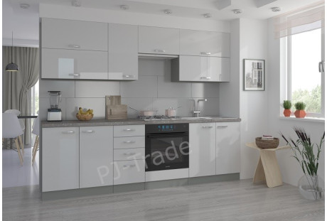 Segment kuchni Bianca na 260 cm, biały połysk / szary matowy