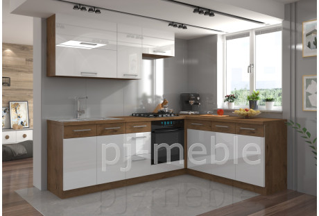 Meble kuchenne Vigo biały połysk / dąb lancelot 4,52m na 2,5 m