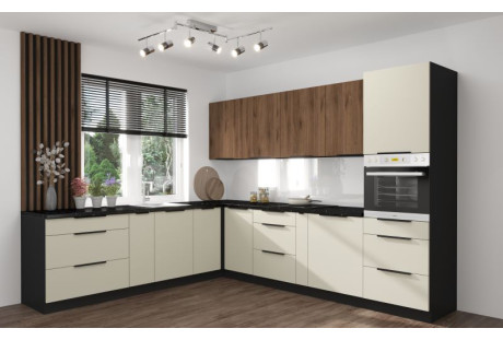 Kuchnia Arko-Mona, 265x 300 cm, Cashmere /orzech okapi/ czarny mat